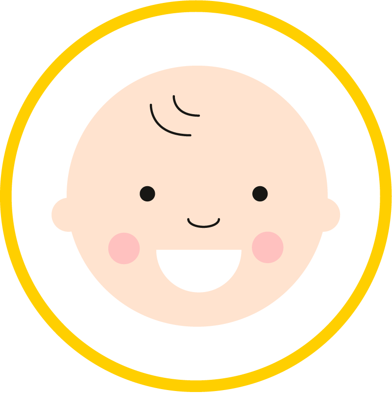 Simple illustration of a smiling baby’s face inside a yellow circle.